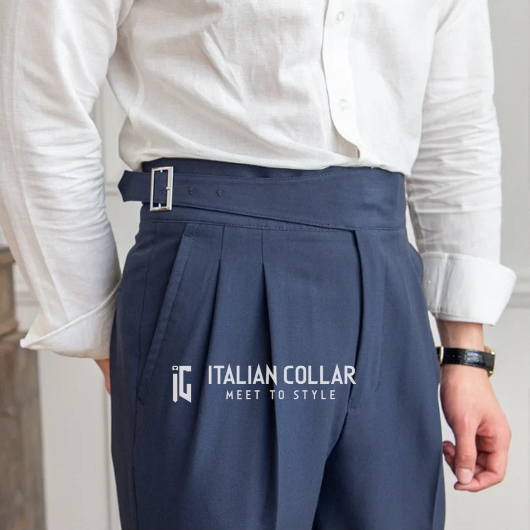 Navy Blue Classic Buckle Gurkha Pants By Italian Collar