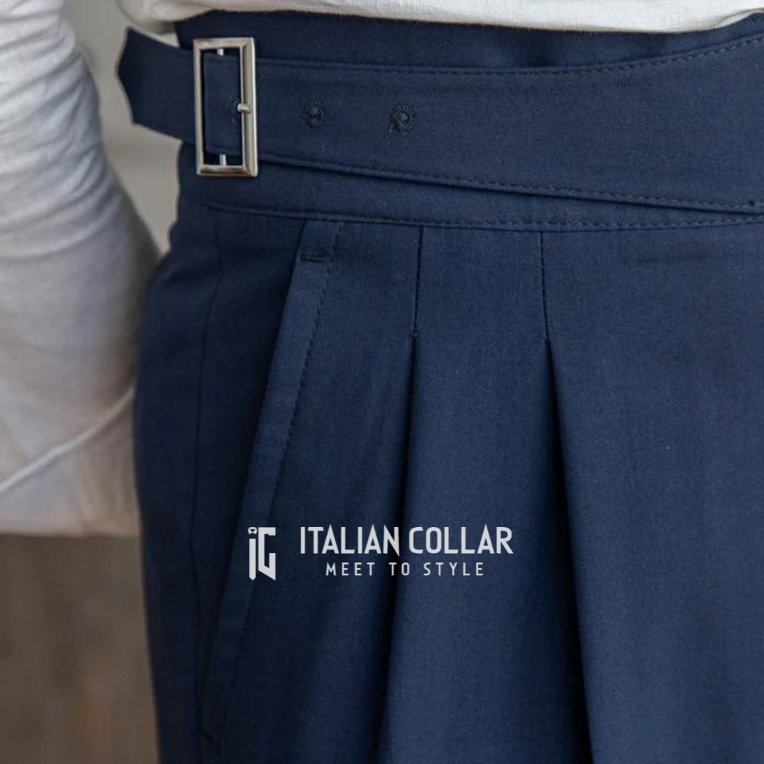 Navy Blue Classic Buckle Gurkha Pants By Italian Collar