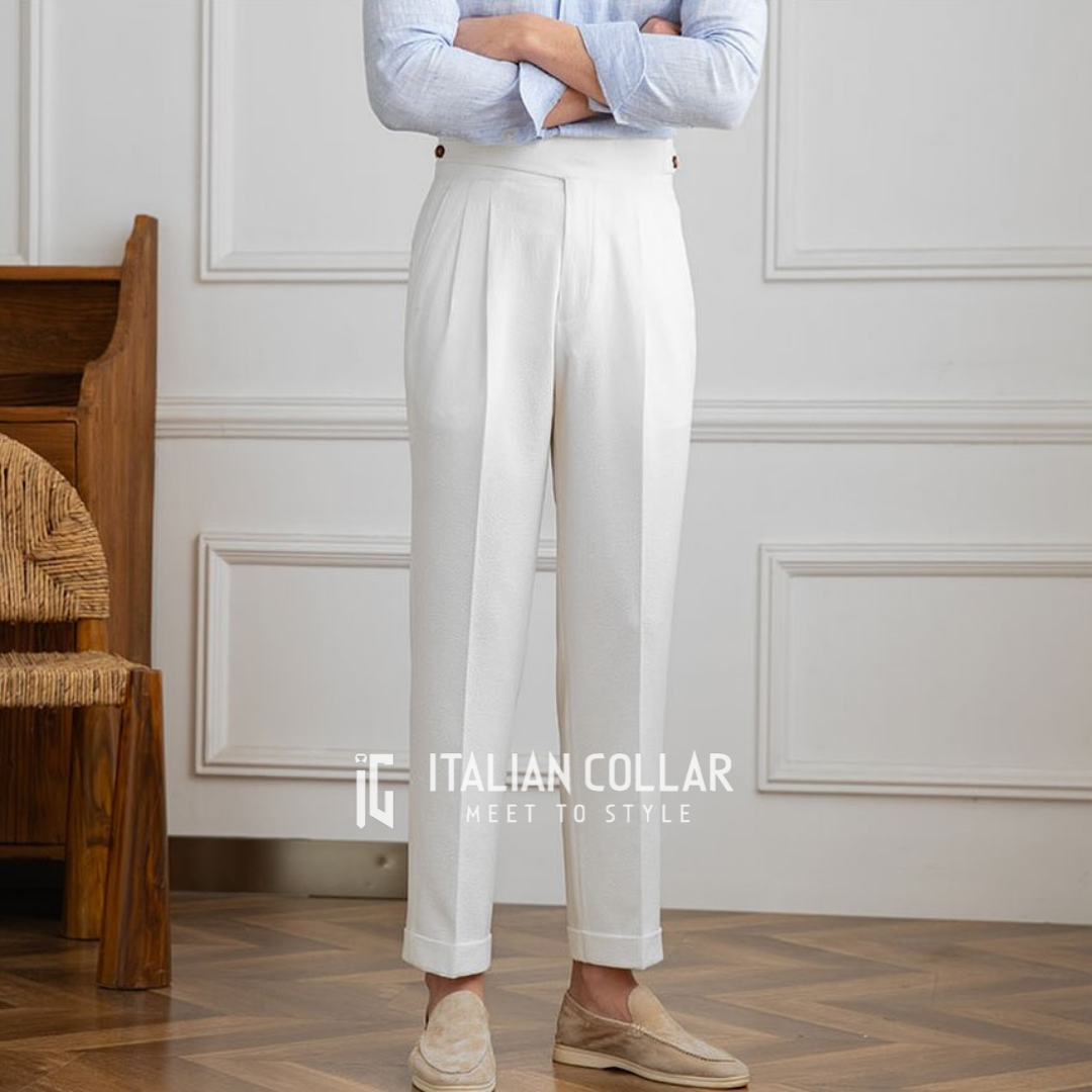 White Classic Buttoned Gurkha Pants By Italian Collar